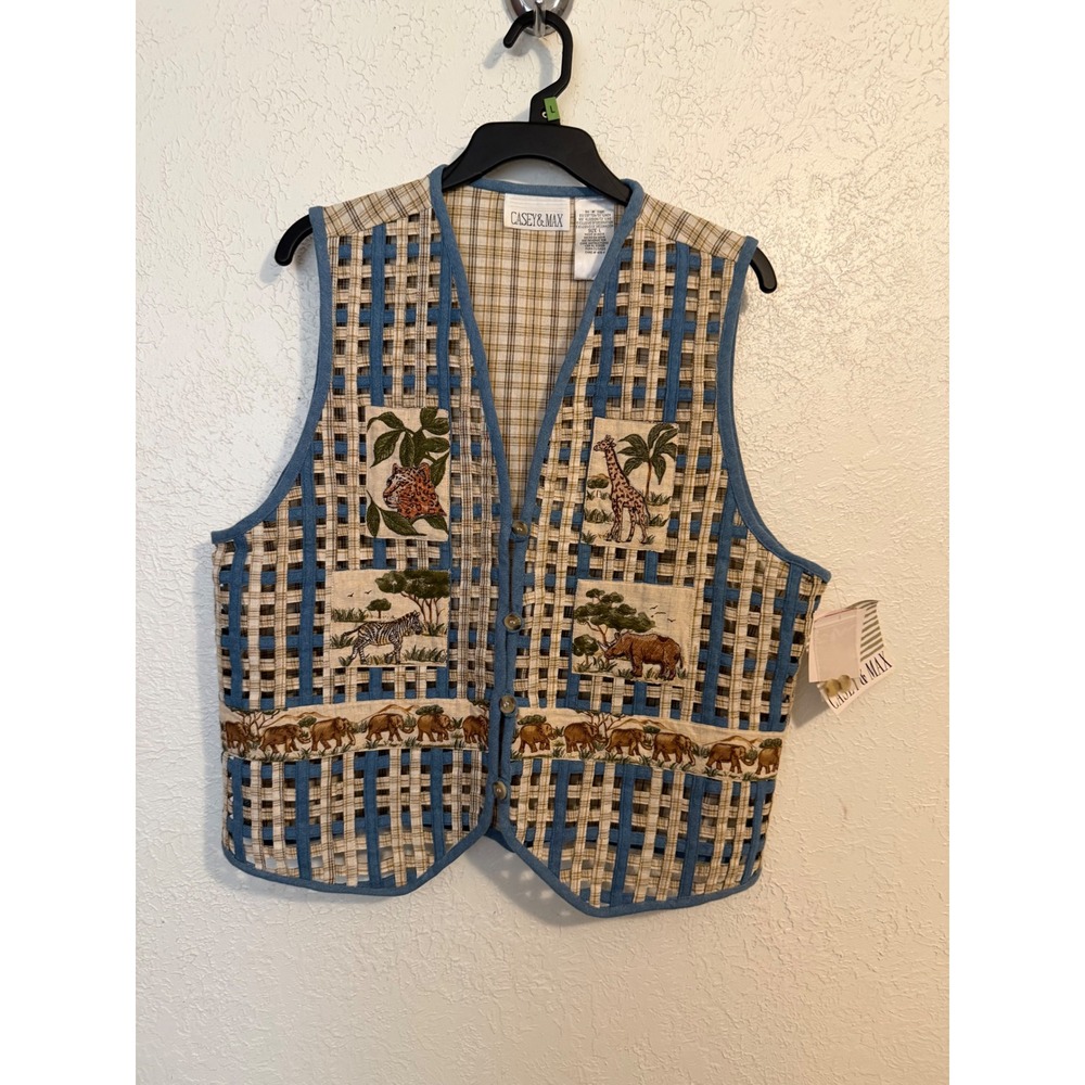 Casey & Max Safari Animal Plaid Lattice Vest Large NWT Cotton Linen Cottagecore